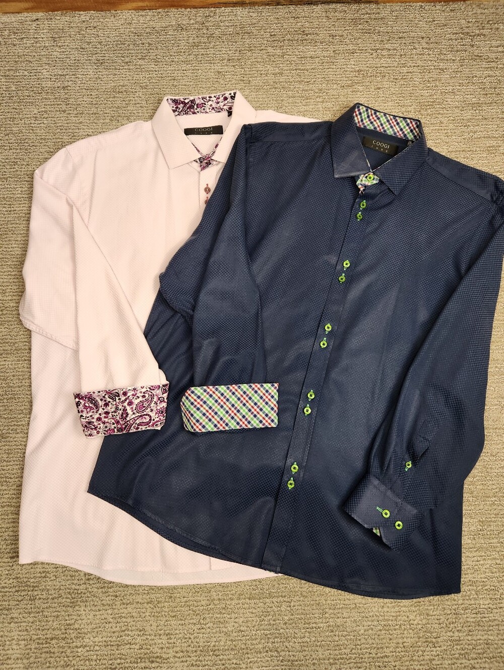 Coogi Luxe Button Up Dress Shirts Mens 2XL Flip Cuff Navy Pink Check Set Of 2